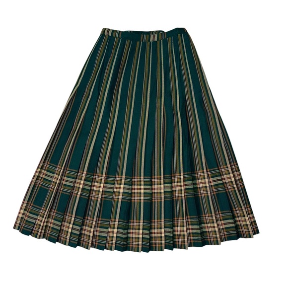Vintage ALJEAN Canada 100% Green Plaid Wool Pleated Academia Wrap Skirt ~ Size M - Picture 7 of 10
